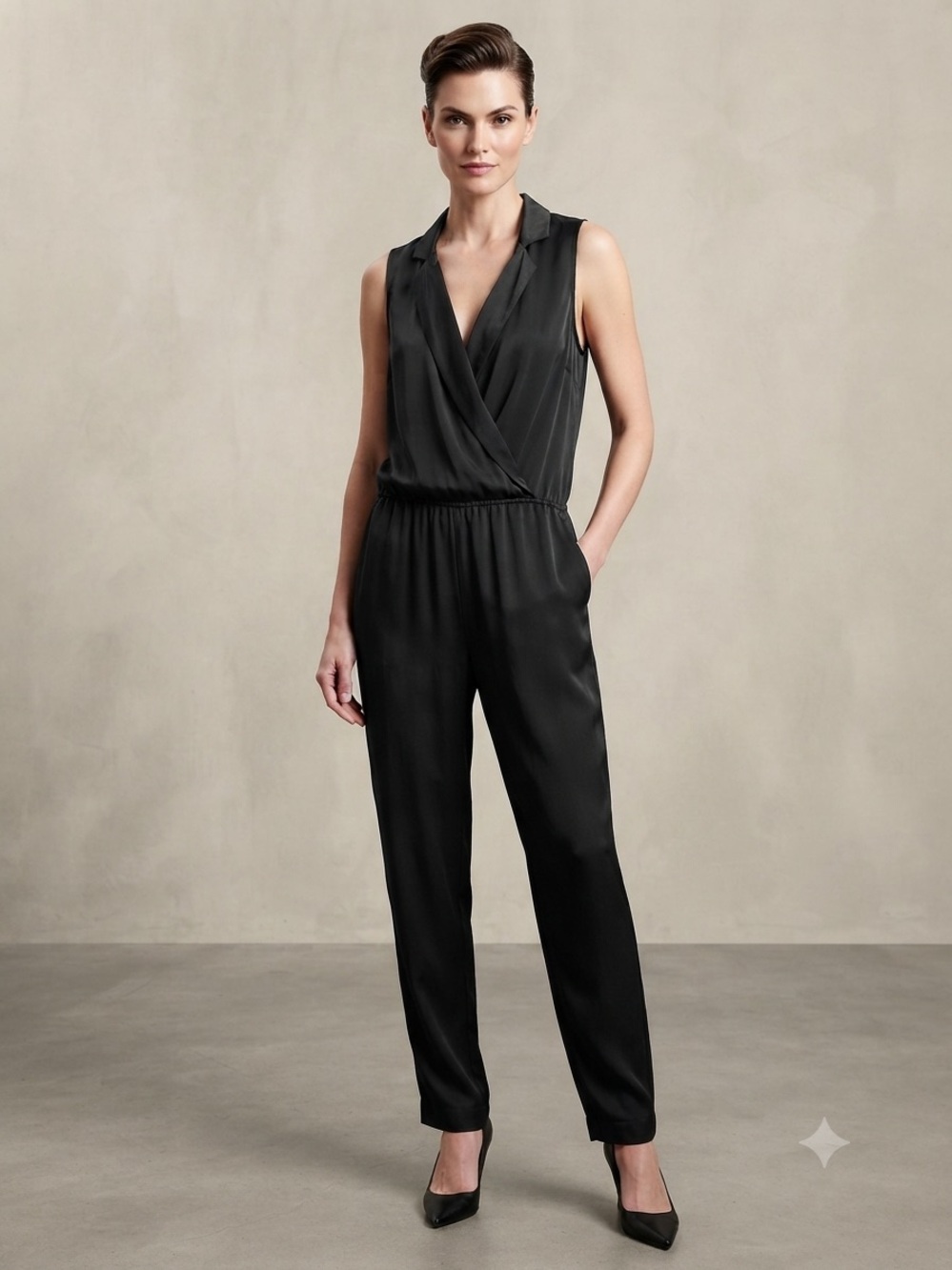 GAP Black Satin Sleeveless Surplice Jumpsuit